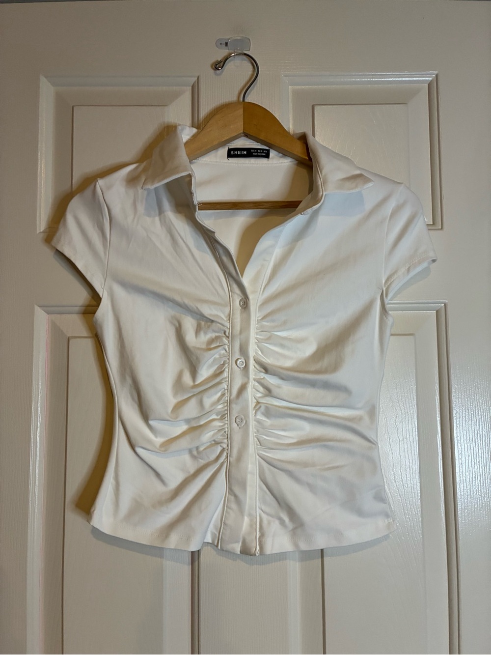 White Ruched Front Short Sleeve Button-Down Shirt